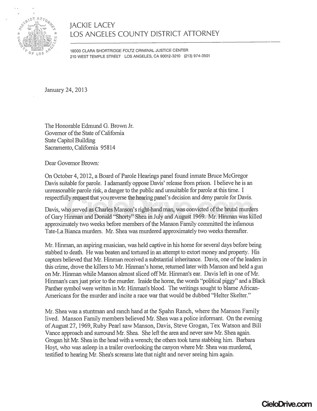 District Attorney Jackie Lacey's Letter to Gov. Brown ...